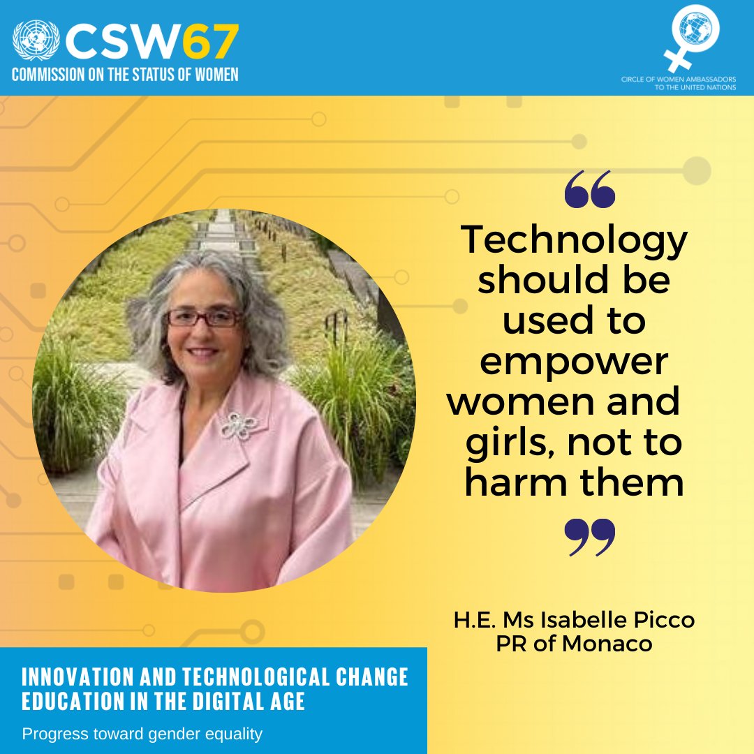 UN_CSW's tweet photo. The Circle of Women Ambassadors to the @UN are committed to achieving gender equality and the empowerment of all women and girls in the context of technology and innovation.

This is the message of H.E. Isabelle F. Picco of @Monaco_ONU 

#CSW67 https://t.co/kxLICGke7i