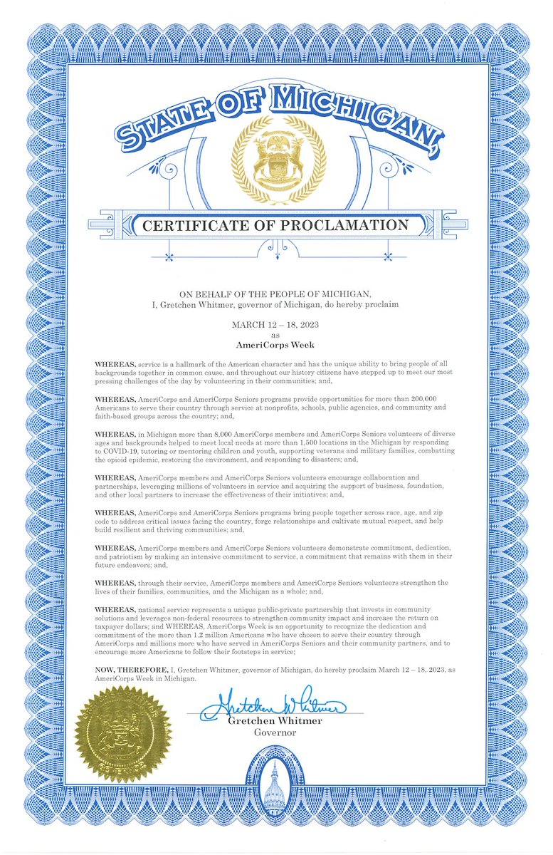 miamericorps's tweet photo. @GovWhitmer made #AmeriCorpsWeek official in Michigan with this proclamation. Get ready for some service and fun during #MIACWeek! 

Today is Make a Difference Monday; post a photo and/or share how your AmeriCorps program and service make a difference in our state! #UnitedWeServe https://t.co/DI285x33VE