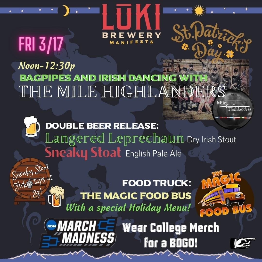 Lukibrew's tweet photo. This is the week!  The return of some favorite food trucks, Sip 'N' Stitch, Beer Releases, March Madness, and an epic kickoff to St. Patrick's Day with bagpipes and Irish Dancing.  Join our Madness bracket challenge, details through the link in our bio! #arvada #stateofcraftbeer https://t.co/r5kqHRmKya