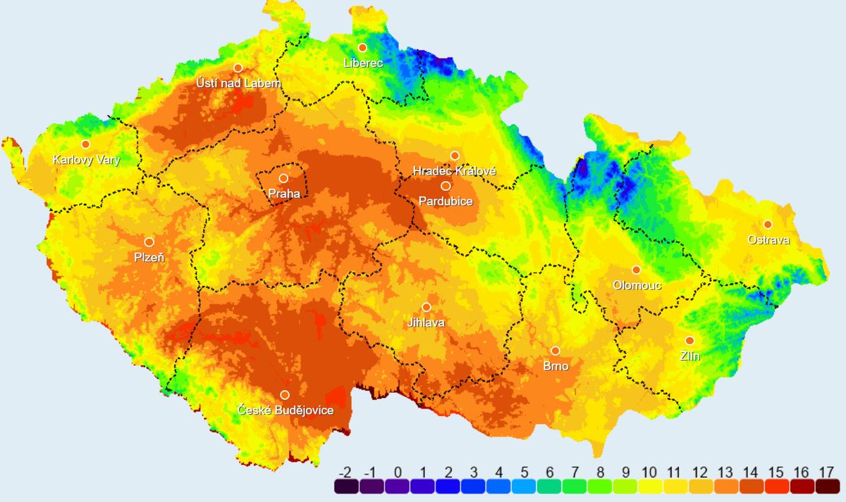Teplotní mapa republiky v 15.00 hod, nejnižší teplota +1 st, nejvyšší +15 st #počasí