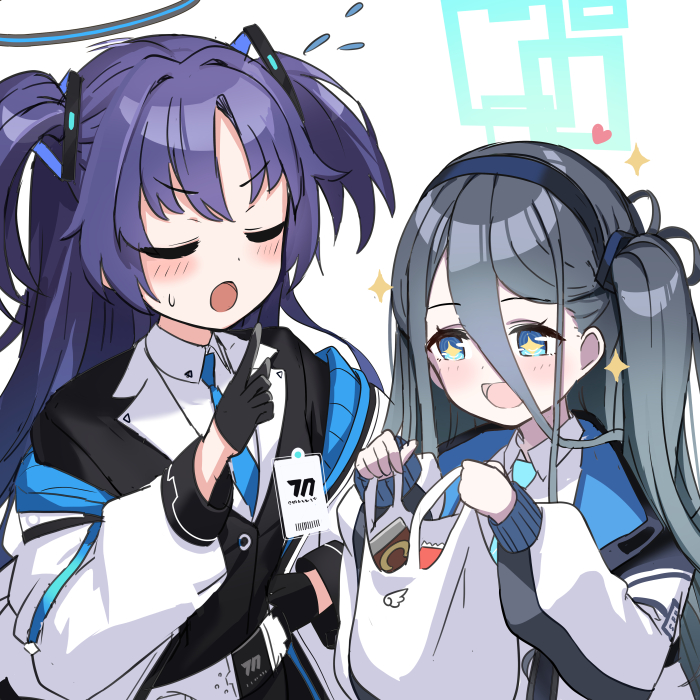 yuuka (blue archive) multiple girls 2girls necktie halo jacket closed eyes long hair  illustration images