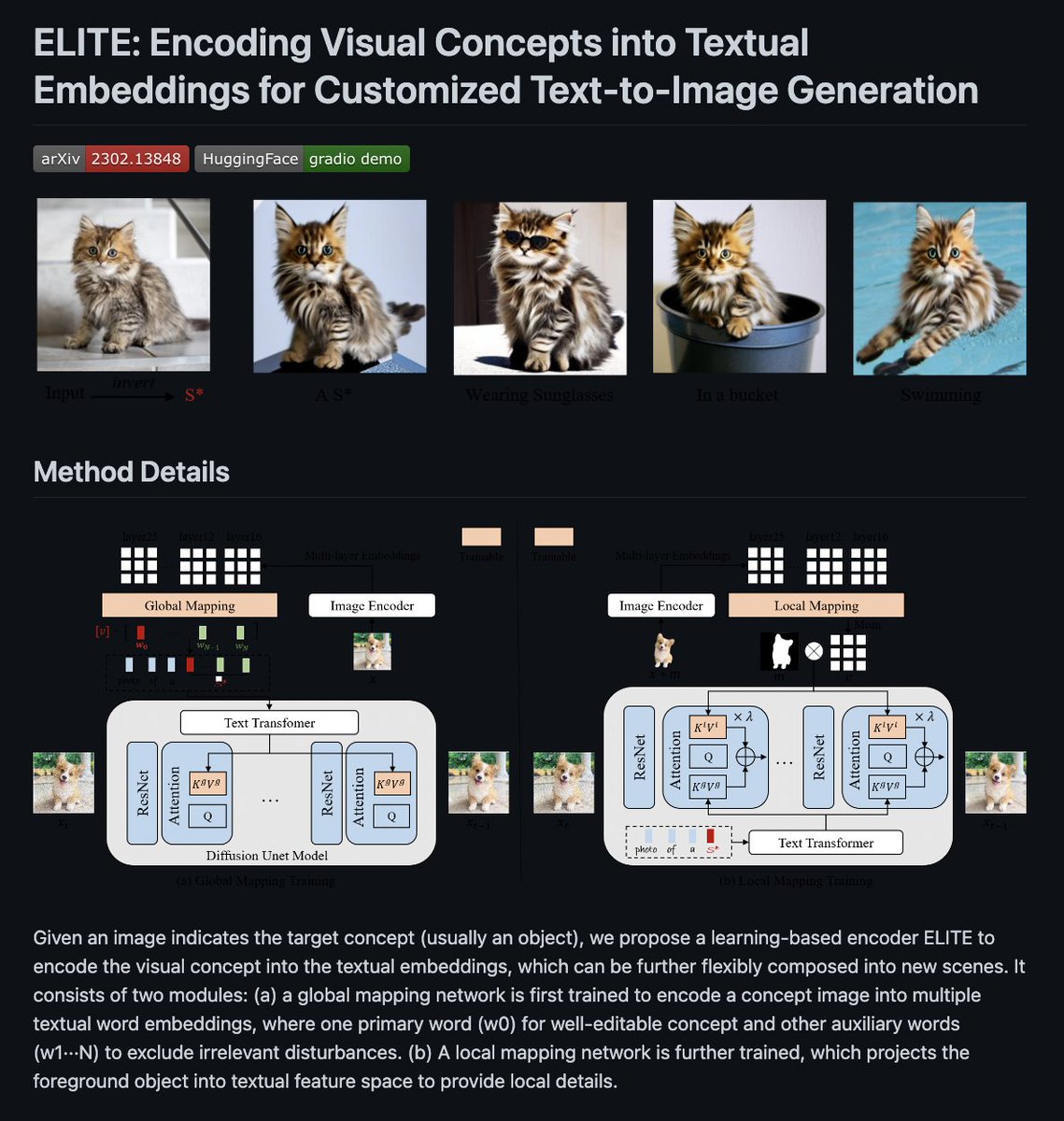 _akhaliq's tweet photo. ELITE: Encoding Visual Concepts into Textual Embeddings for Customized Text-to-Image Generation code release is out

github: https://t.co/mhijcWUVc6
@Gradio demo: https://t.co/fHKEcMwNFU https://t.co/IBPkEoXWxd