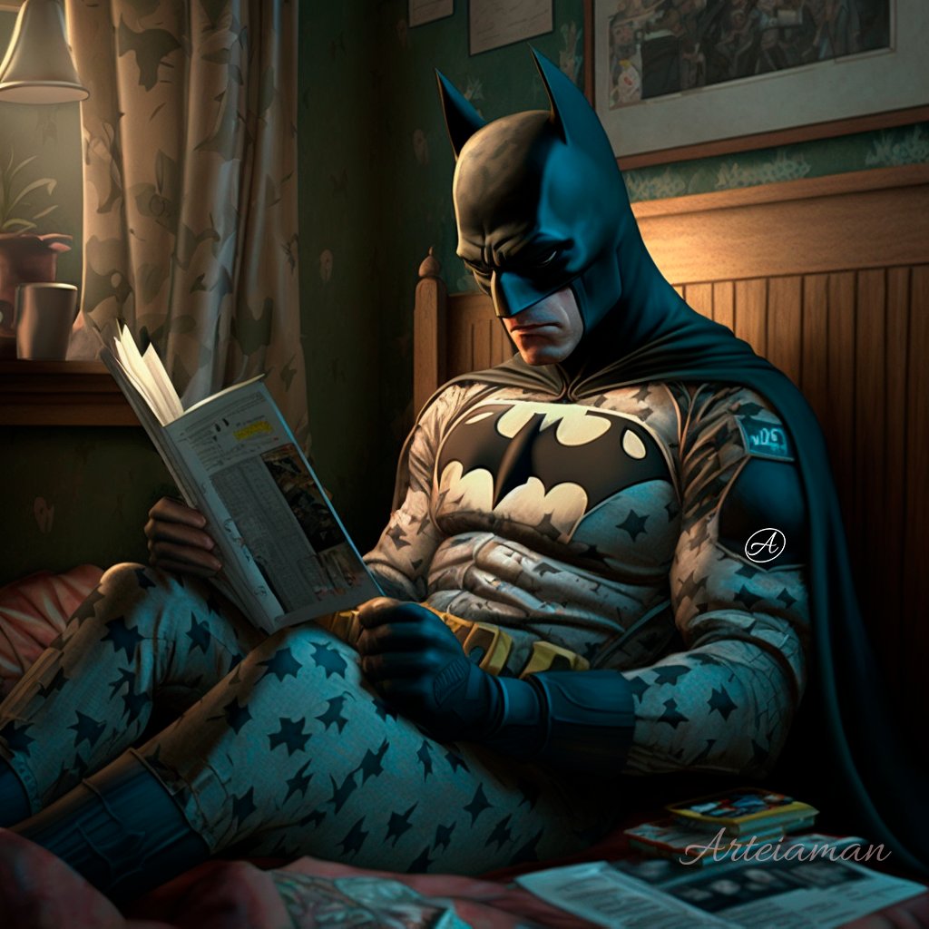 arteiaman's tweet photo. Batman needs to read before going to sleep
.
.
#arteiaman #ai #aiart #aiartwork #generativeart #midjourneyart #midjourney #midjourneyai #midjourneyartwork #aiartcommunity #fantasyart #midjourneyv4 #batman #DC  #picoftheday https://t.co/BjFFTyfrMt