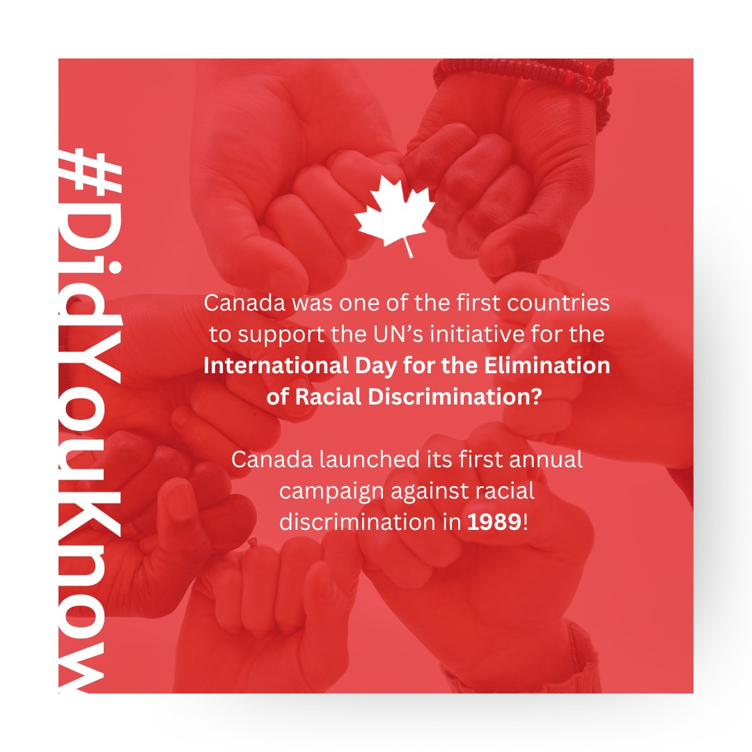 MC_o_S's tweet image. In a week, it&apos;s International Day for Elimination of Racial Discrimination. 🇨🇦Canada was among the first to support the UN initiative, starting its annual campaign in 1989. 

Join the cause! ✊🏻✊🏼✊🏽✊🏾✊🏿

#EliminateRacialDiscrimination #RecognizeItRejectIt #SpotItStopIt