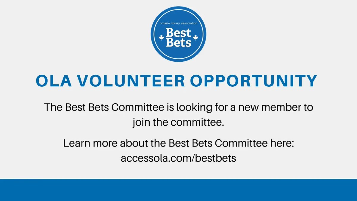 ONLibraryAssoc's tweet image. Do you work in a public library and have a passion for evaluating and promoting Canadian books? The OPLA Best Bets Committee is looking for more committee members to join their team.
Learn more about the Committee here: bit.ly/2Oedzyx 
Apply here: https://bit.…