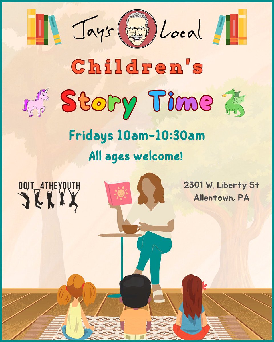 Join us Fridays 10am-10:30am for Children’s Story Time at Jay’s Local! 
All ages are welcome! 
Our amazing group of volunteer readers will rotate on a weekly basis. 
We hope to see you here! 📖🦄🐉🧚‍♀️
#readingwithkids #storytime