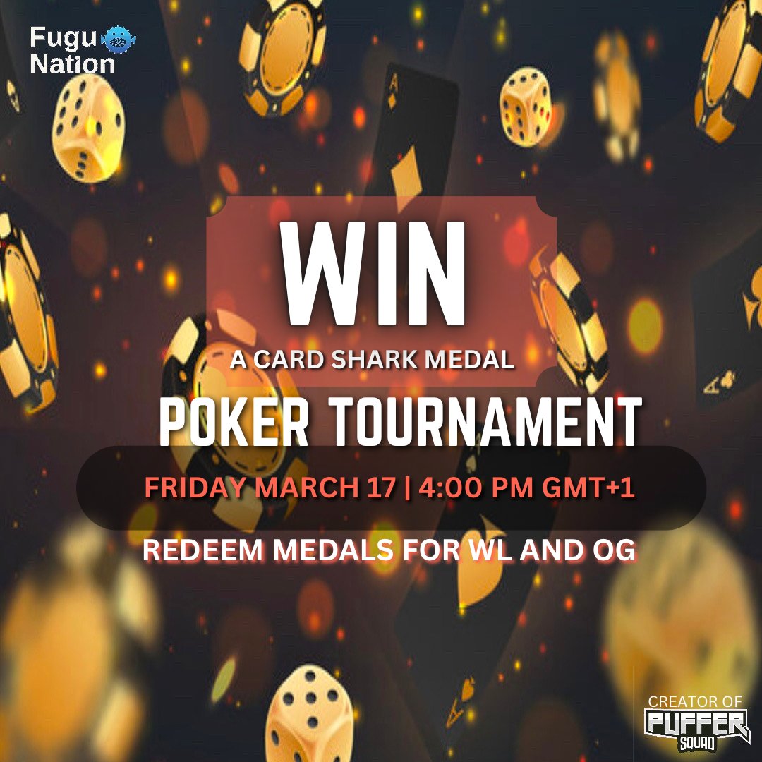 Ready for Poker Night? Winner receives a Card Shark Hunter Medal. First 10 to join get 100 xp points! 

discord.gg/fugunation

#FuguNation #nfts #nftcommunity #nftcollection #nonfungible #ecommerce #crypto #ETH #bitcoin #PufferSquad #digitalart  #follow
