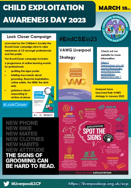 #NationalChildExploitationAwarenessDay is Sat 18 March &amp; aims to highlight the issues surrounding Child Exploitation. Take a look at some of the resources from the #LookCloser campaign launched by <a href="/LiverpoolLSCP/">Liverpool Safeguarding Children Partnership</a> to #EndCSEin23