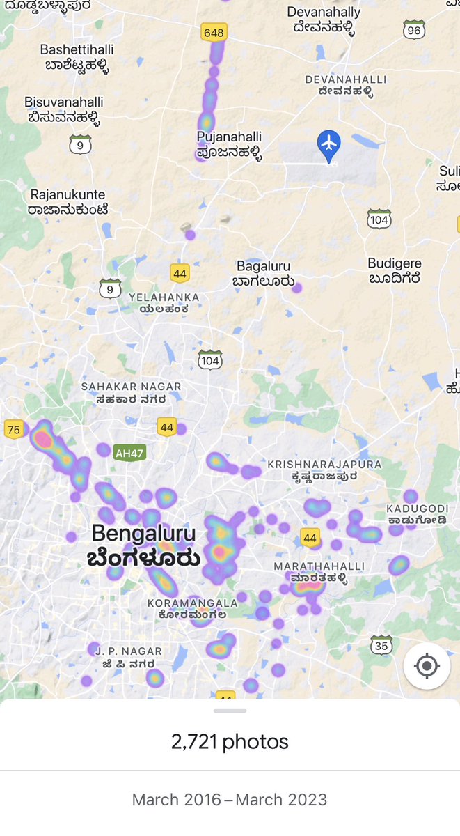 Da_Pacific's tweet photo. TIL: @googlephotos has a map view of photos and I love the how the hotspots sum up my life in Bangalore - NID days, moving into a job, pub hopping and a few trips to Nandi hills!
#geovisualisation #dataviz #mapsinapps https://t.co/XJBsv0xRt5