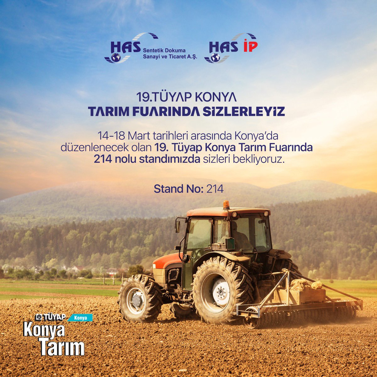 14-18 Mart 2023 tarihleri arasında Konya’da düzenlenecek olan 19. Tüyap Konya Tarım Fuarında 224 nolu standımıza sizleri bekliyoruz.

#hassentetik #hasip #tüyap #sentetik #konyatarımfuarı 

@tuyapfuarcilik