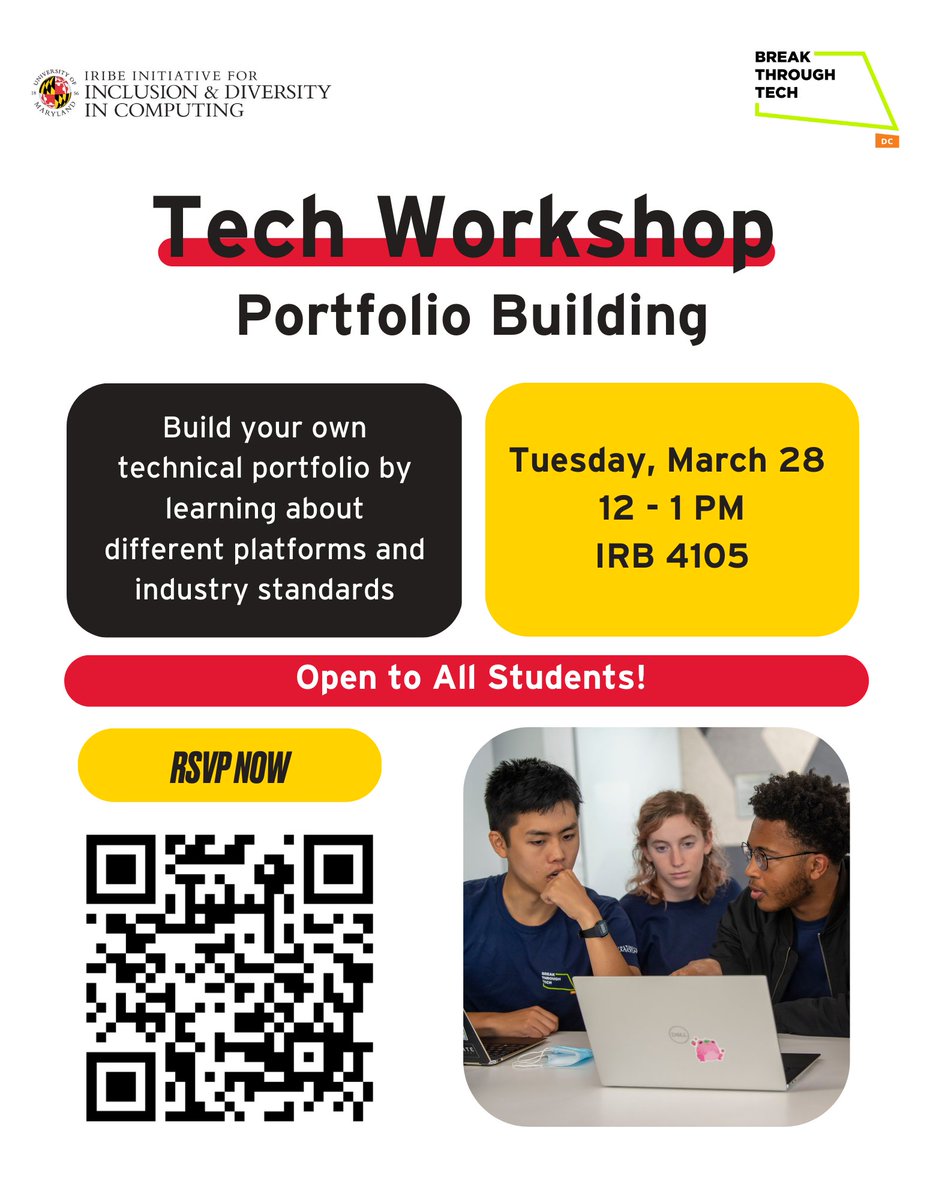 LTSCAdvising's tweet photo. Consider joining the upcoming Break Through Tech Workshop on March 28 from 12-1 pm at IRB 4105. The workshop will focus on learning how to build personal portfolios. https://t.co/AOHVhV5095