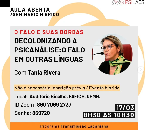 CeaapCom's tweet photo. CEAAP Informa: Seminário "O falo e suas bordas" 17/03/23 das 08h00 até 10h30
ID ZOOM: 860 7069 2737 – senha: 869728
Não há inscrição prévia.
#clinicaceaap #falo #psicanalise #lacan #artes #freud #decolonial 
#clinicaceaap #falo #psicanalise #lacan #artes #freud #decolonial https://t.co/UM8Yi4uHLi