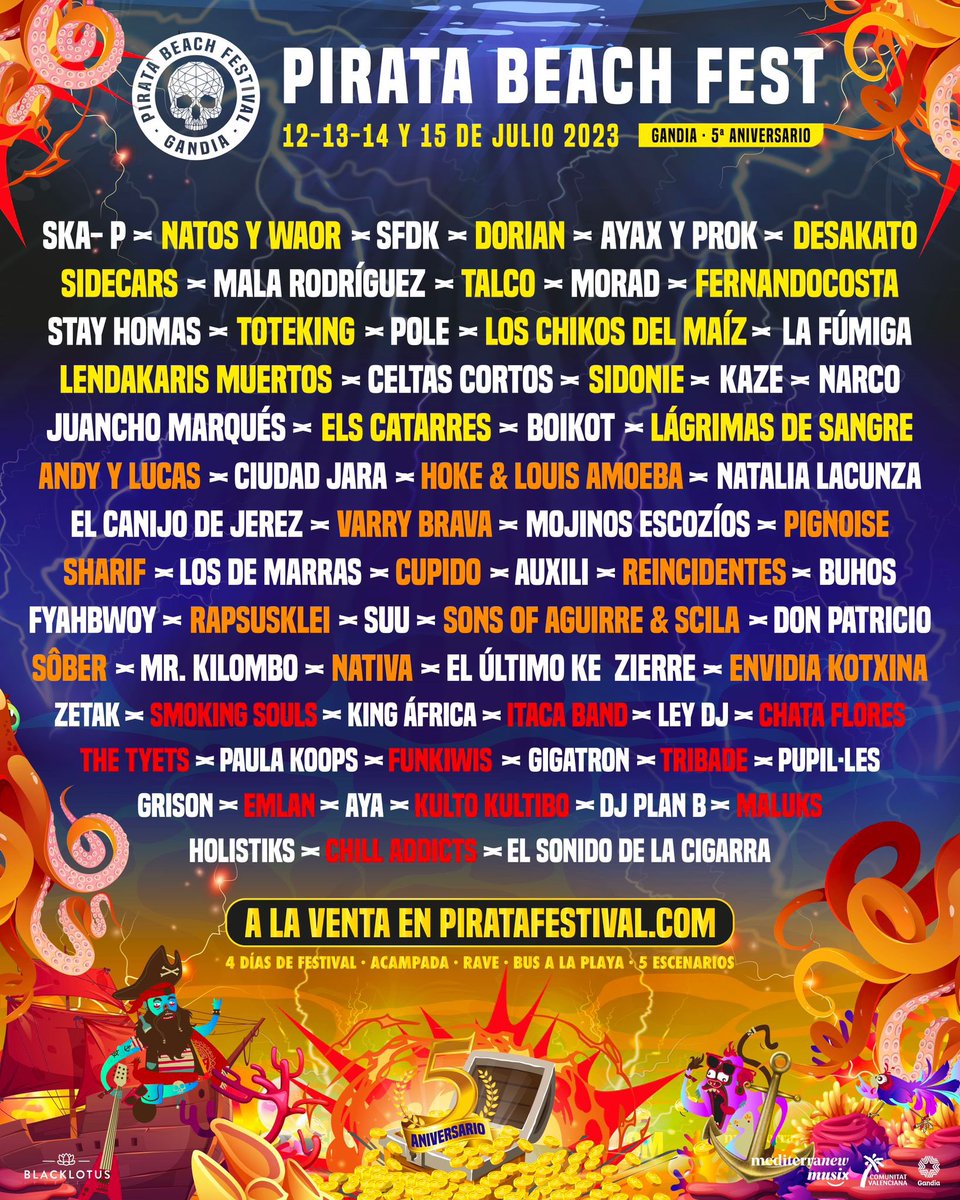 PirataFestival's tweet photo. ☠️CARTEL FINAL - PIRATA BEACH FEST 2023!☠️

⚠️ Más de 70 artistas confirmados, 5 escenarios, 4 días de festival, acampada, rave, buses a la playa y muchas más sorpresas os esperan este año en el mejor festival del verano ⚠️ ¿Te lo vas a perder?

✅https://t.co/gufqScsqBf https://t.co/vMwzu9M4XX