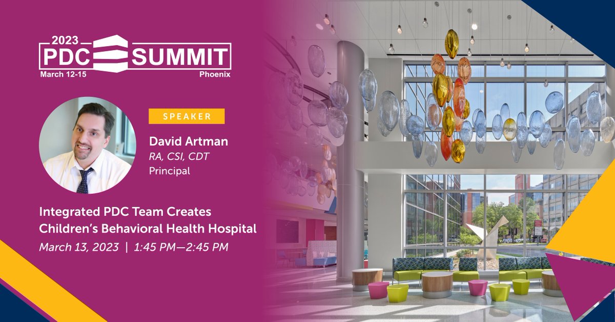 ArrayArch's tweet image. This afternoon, Array Principal David Artman will present at the 2023 PDC Summit in Pheonix! Join his team&apos;s session at 1:45 PM to learn about the integrated team approach to CHKD&apos;s Children&apos;s Pavilion, a new 14-story behavioral health hospital.