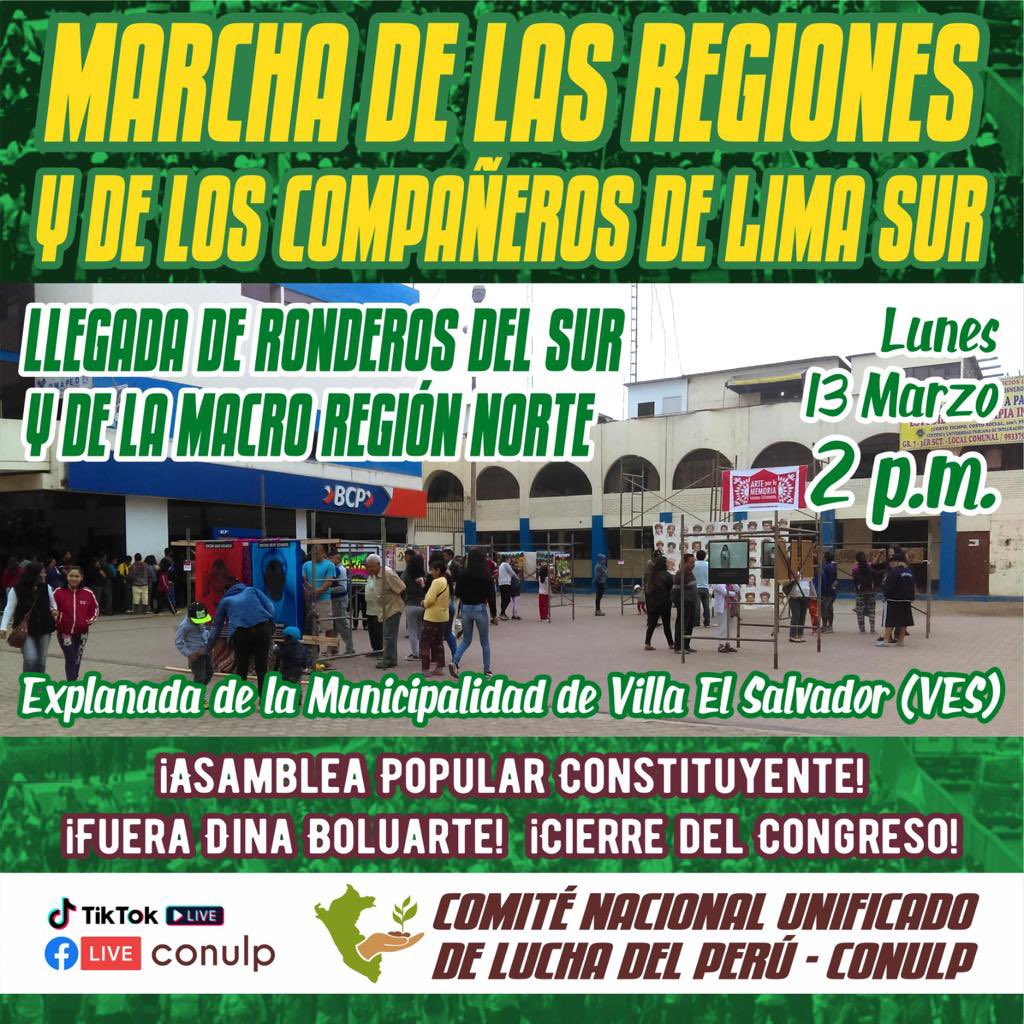 CONULP's tweet photo. #conulp HOY 13M MARCHA DE LA REGIONES y de los compañeros de #LimaSur con la llegada de los ronderos del sur y la #macronorte. #FueraDi na #CierreDelCongreso #AsambleaPopularConstituyente https://t.co/DlW4OE366g