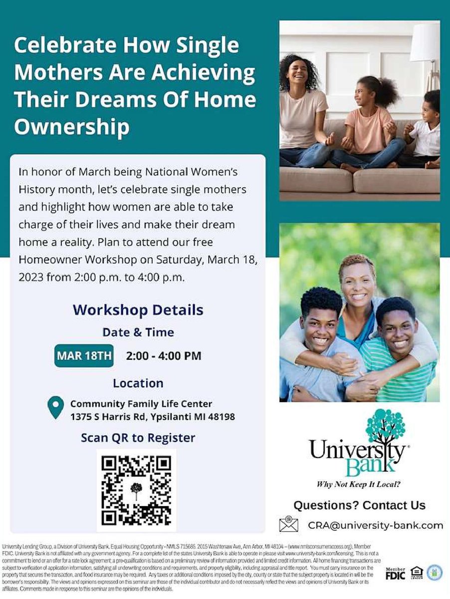 University Bank is hosting a homeowner's workshop this coming Saturday to teach you how to buy your first home! WHEN: Saturday, March 19th @ 2pm - 4pm WHERE: Community Family Life Center, 1375 S Harris Rd Register: eventbrite.com/e/free-homebuy…