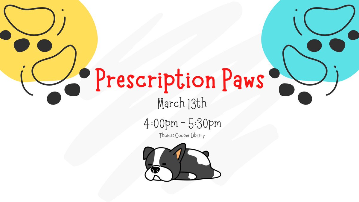 UofSC_TCoop's tweet image. Our furry friends from Prescription Paws are here to welcome you back from Spring Break! Stop by the Main Level of Thomas Cooper Library today between 4-5:30pm and start the second half of your semester off on the right paw 🐾