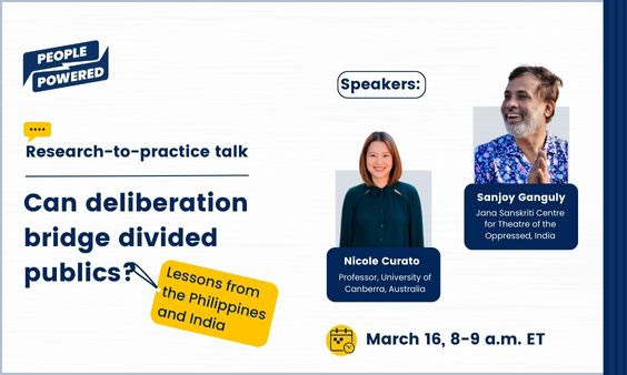 Can deliberation bridge divided publics? 

Spoiler alert: Yes, but under certain conditions!

Join us on Thursday <a href="/PeoplePowrd/">People Powered</a> 🤩

I'll talk about my work with <a href="/jonathan_c_ong/">Jonathan Corpus Ong</a> on developing a community action plan to bridge divided societies.
 us06web.zoom.us/webinar/regist…