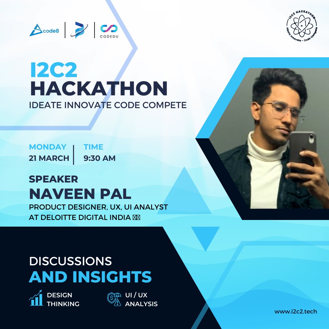 i2c2hackathon's tweet image. Excited to announce our speaker Naveen Pal for i2c2 hackathon! Get ready to be inspired by their expertise in product designing. Join us on 21st March to hear from this incredible industry leader.

#TechSession #TechTalks #TechConference #TechCommunity #TechIndustry
