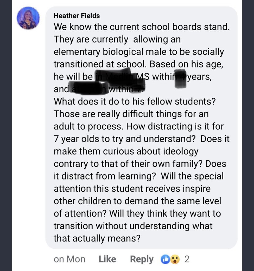 frankstrong's tweet photo. This is nasty, too: In one FB post, PAC leader Fields singled out and misgendered a trans elementary school student. PAC-backed candidate Jennifer Stephens piled on: “Parents are forcing schools to prioritize these students and typical peers see that and they get angry.” https://t.co/L06nnvmkHG