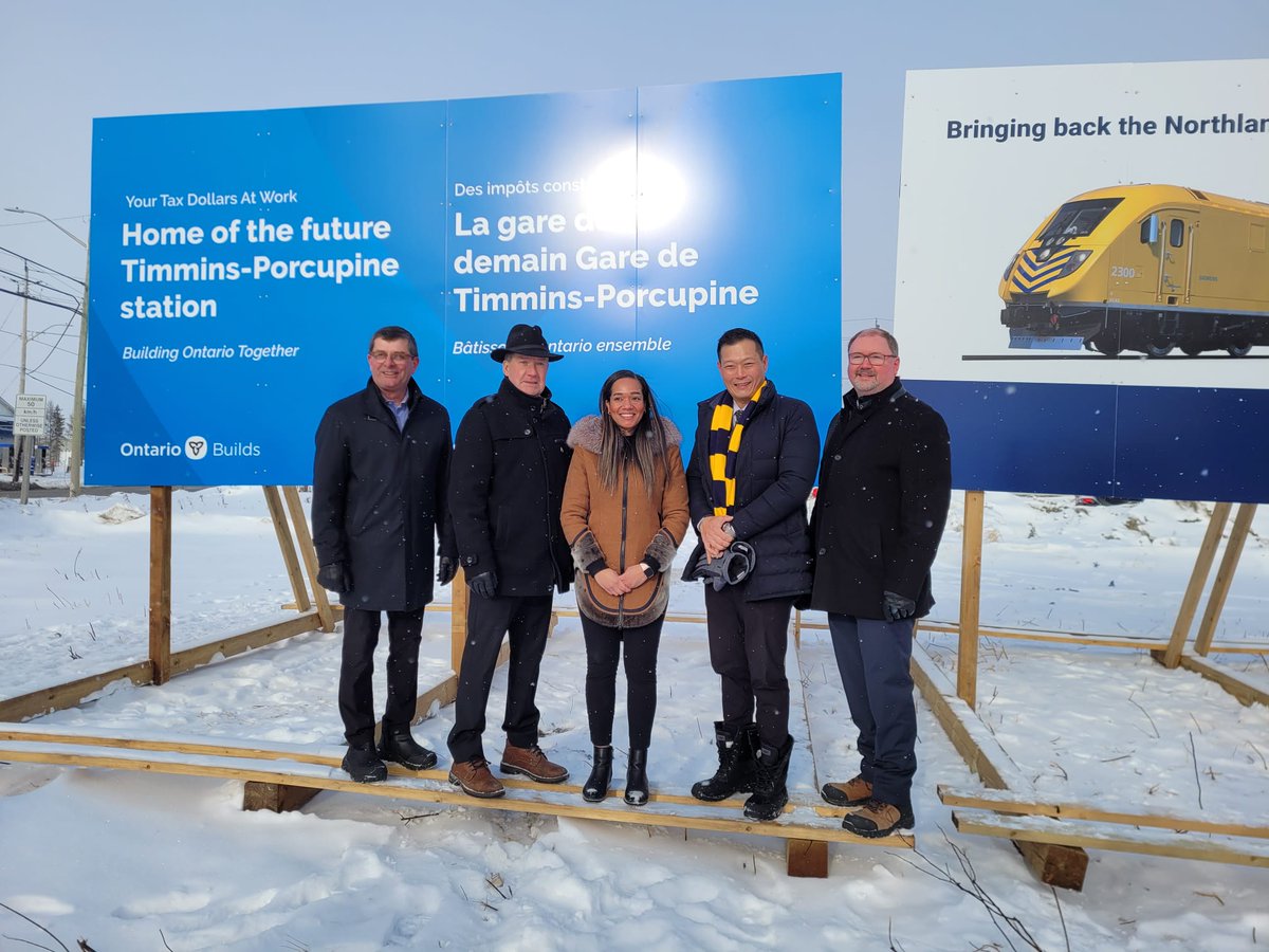 StanChoMPP's tweet photo. Great to be back in Northern Ontario to celebrate another incredible milestone for the return of the #Northlander!

This morning we unveiled the future site of Timmins-Porcupine train station – one of the 16 stops identified that will connect Northeastern Ontario to Toronto 🚂🛤️ https://t.co/q6lH1Ds1YP