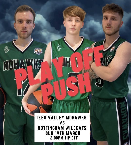 Play off push - one more victory guarantees runners up spot and a play off position. This Sunday Mohawks take on Nottingham Wildcats at Mbro college- 2pm tip off. #proudtobeamohawk #basketballengland #teesvalley #teesvalleymohawks #teesvalleysport