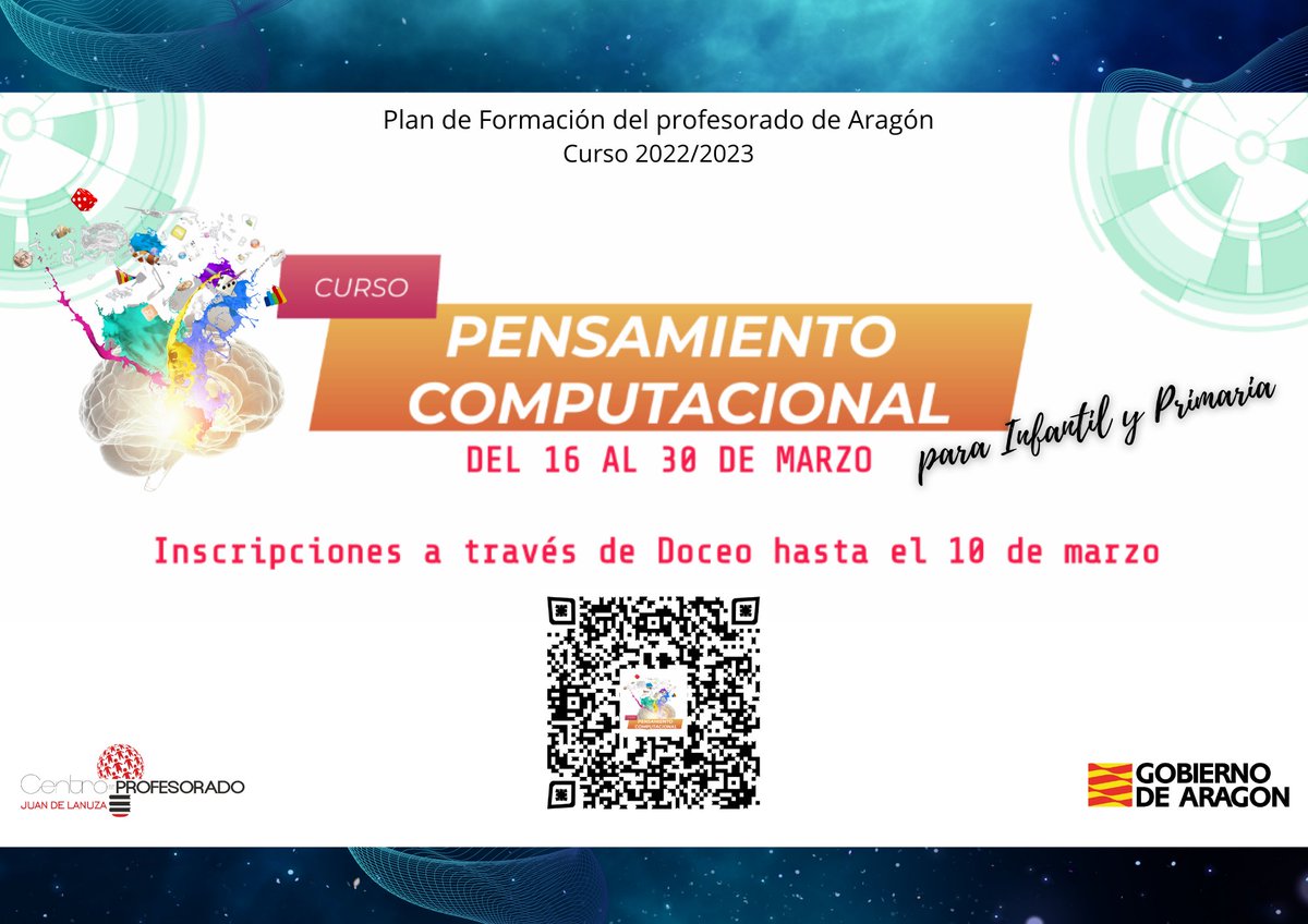 Curso Pensamiento Computacional en Infantil y Primaria para docentes del ámbito del CP Juan de Lanuza. Inscripciones hasta el 15 de marzo. bit.ly/3ZOl9jp  <a href="/dgafprofesorado/">F. Prof. Aragón</a> <a href="/Cddaragon/">CDD Aragón</a>