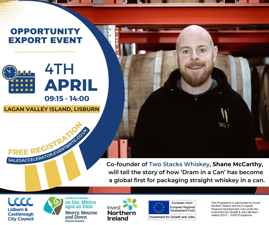 Invest_LCCC's tweet image. Speaker Spotlight:
Join us at the Opportunity Export event where Shane McCarthy from @TwoStacksWhisky will share his experience of growing an innovative, world-first business both locally and internationally.

Places are limited, register for free now!
bit.ly/3Yn3CO2