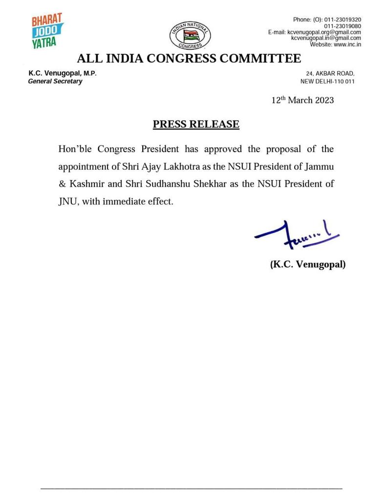 TabasumShafi2's tweet photo. The @INCIndia announced yesterday an Order for the post of state president @nsui J&amp;K.
It was totally Nepotism based not appreciating out going president @sunnynsuijk Ji's Work for the party nor getting him in consideration A farman has been issued &amp; Lobby based person nominated. https://t.co/qdcOt8jpHC