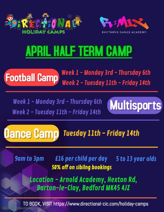 Dates for the diary🗓️

<a href="/directionalcic/">Directional CIC</a> April football camp dates 

Barton Food Festival🍱 🎊
16/4/23