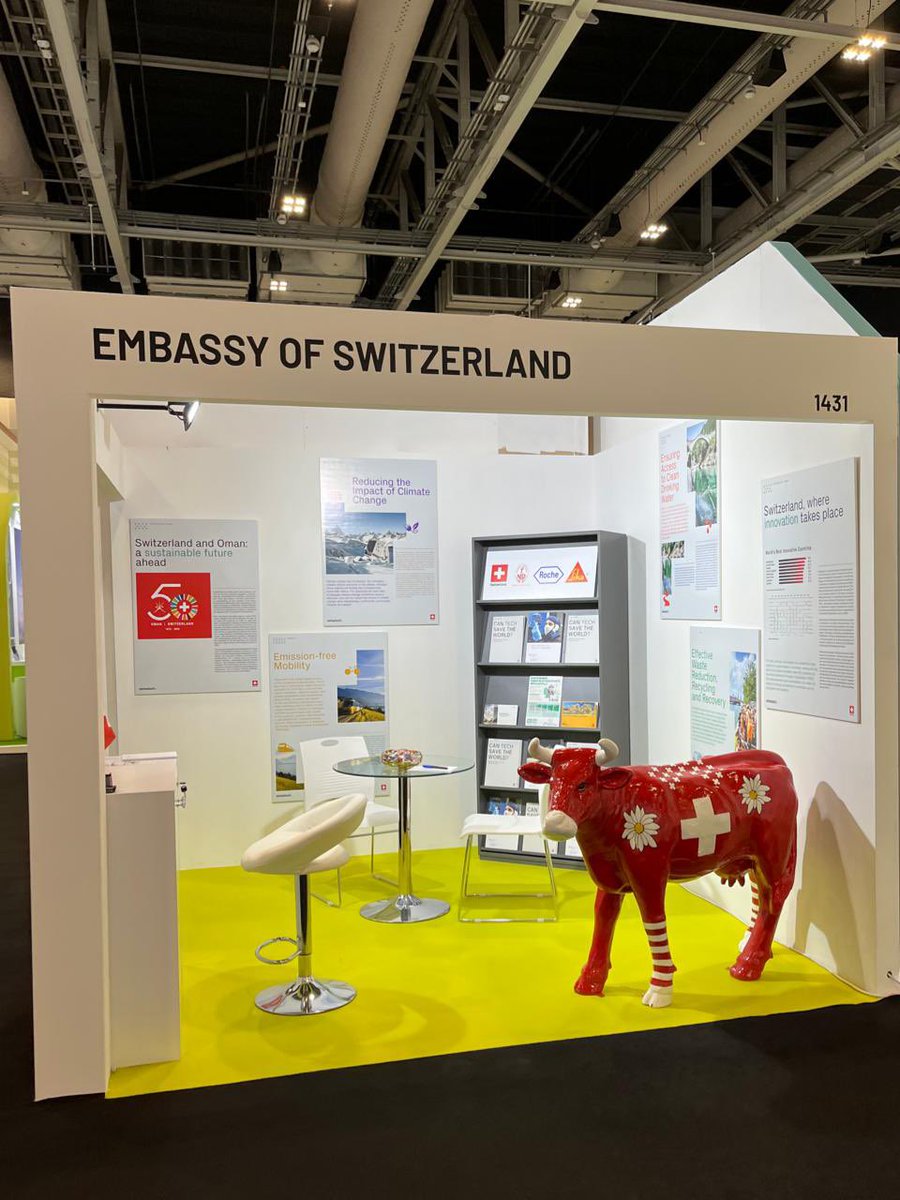 SwissAmbOman's tweet photo. Join us at the #Swiss Pavilion at the #OmanSustainabilityWeek (@oman_week) at @OmanConvention, where we showcase #cleantech and innovative solutions to address #sustainability. Thanks to @HofSwitzerland, @Roche and @OmanSika for the partnerships.
#osw #50yearsSwissOman https://t.co/rwyGSvgHRB
