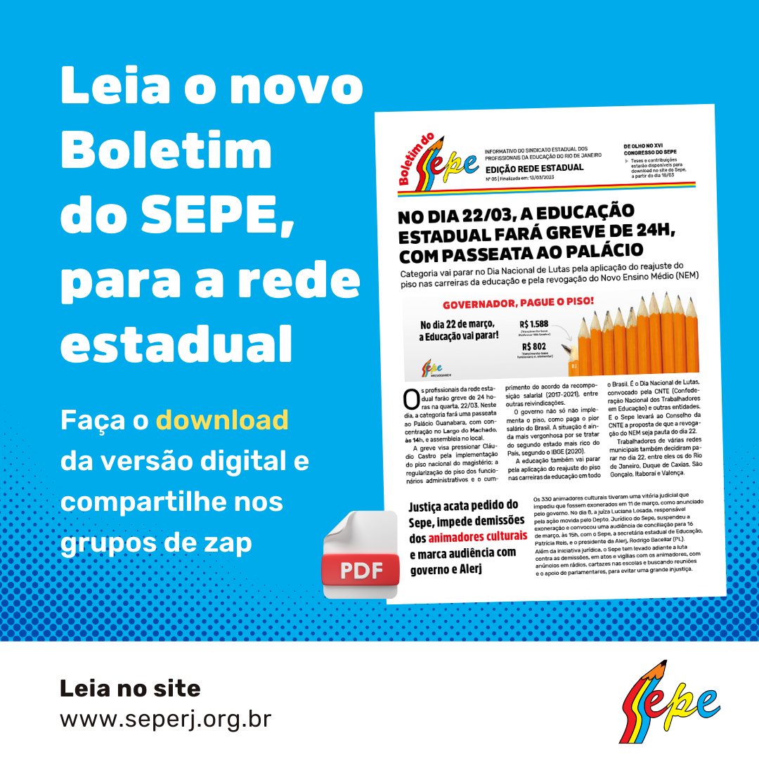 Ficou pronto + uma edição do Boletim do Sepe (rede estadual). A publicação reforça a convocação para a greve de 24h dia 22, destacando as perdas em nossa tabela salarial e o contraste com outras redes do Pais. O pdf do boletim pode ser baixado aqui:
bit.ly/BoletimSepe05E…