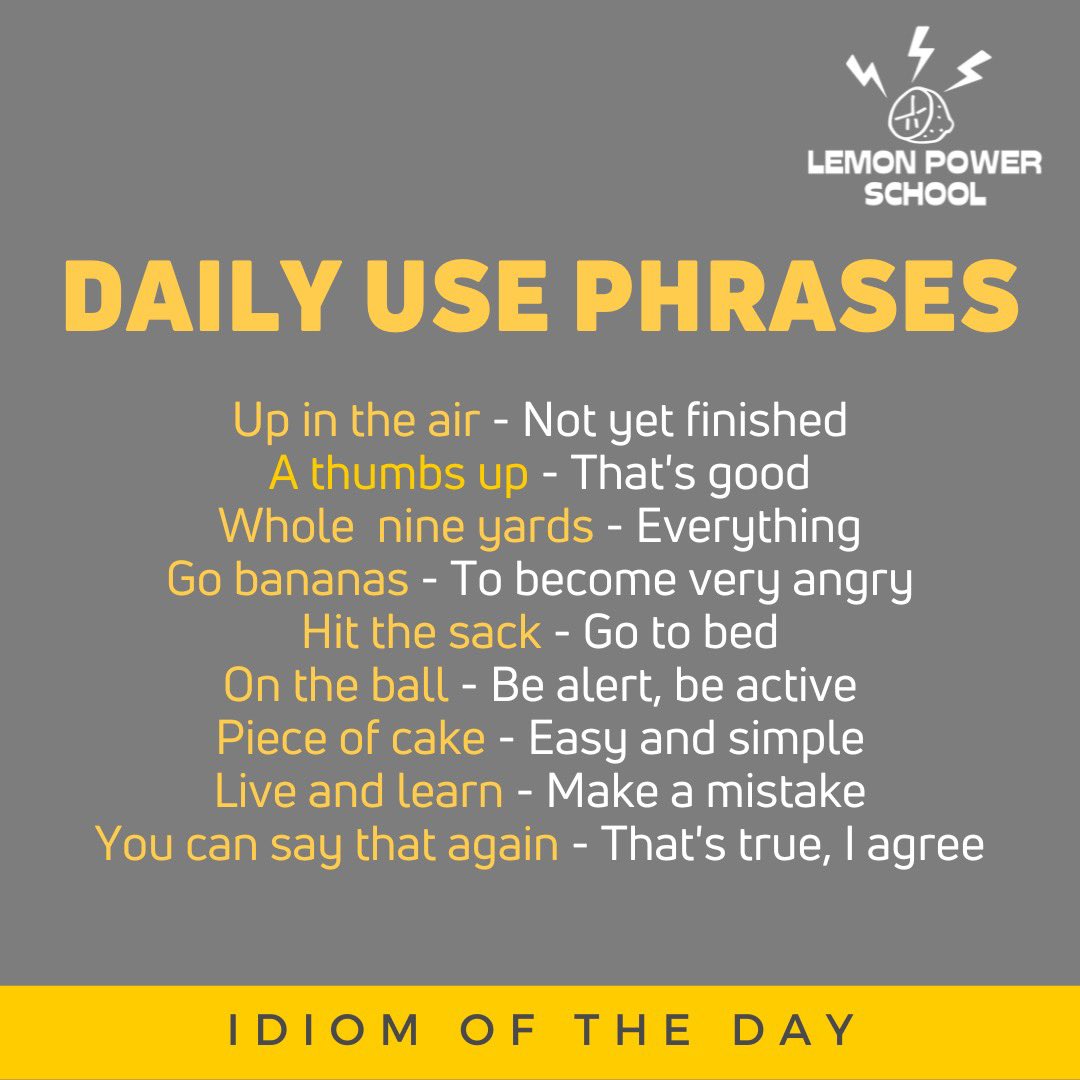 tlteducation's tweet image. 🍋🇬🇧⚡️ Volvemos otro lunes con nuestra sección #lemontips y frases de uso diario que puedes empezar a poner en práctica... ¡ahora mismo! 🙌🏼

¿Conocías alguna de ellas? Seguro que sí... don&apos;t go bananas si no te sabías ninguna, ¡los lunes son excelentes para aprender algo nuevo!