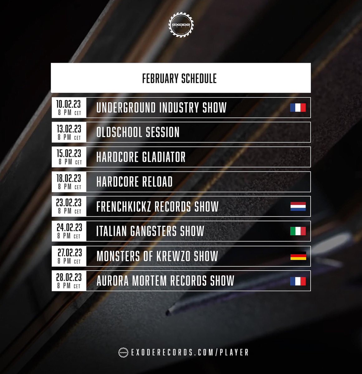 heavymentalhc's tweet photo. February schedule on Exode Records Radio featuring a new edition of the Italian Gangster's Show 🇮🇹

Web Player:
https://t.co/XjZZJfGY9Q

Thanks to the Exode Records Fam ❤️

#exoderecords #exoderecordsradio #radioshow #podcast #february #italiangangsters  #undergroundindustry https://t.co/qD7wT2e75w