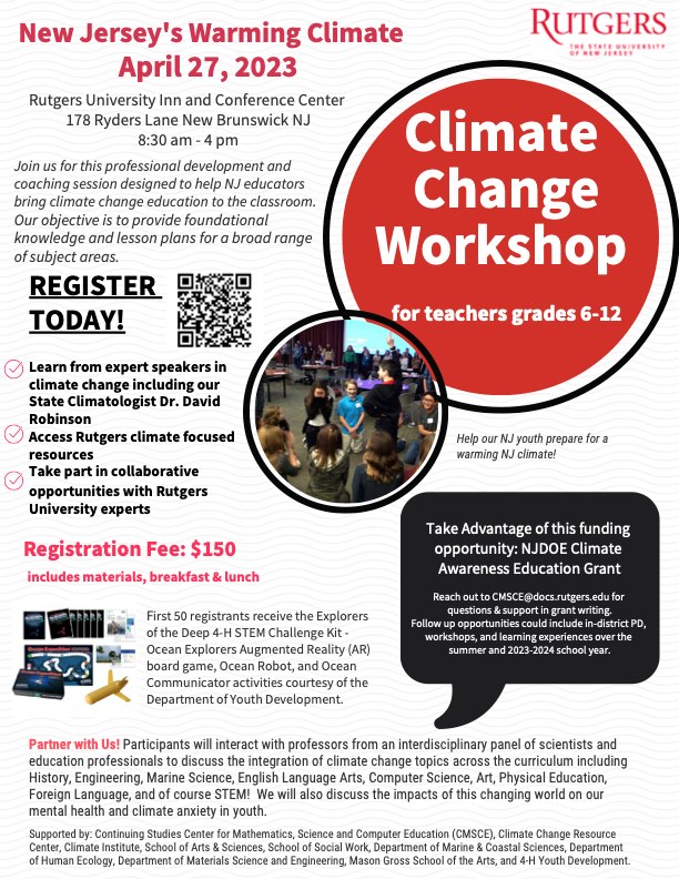 Rutgers invites you to New Jersey's Warming Climate Workshop for Educators in grades 6-12. Register: ce-catalog.rutgers.edu/coursedisplay.…
