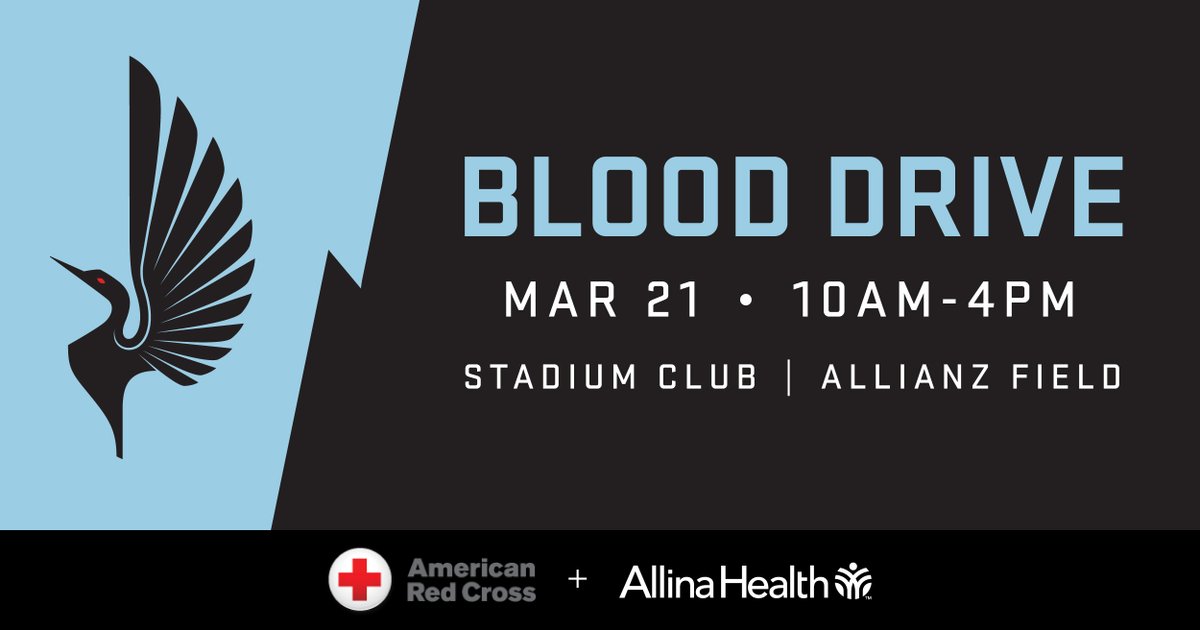 MNUFC's tweet photo. Every 2 seconds, someone in the U.S. needs blood. However, only 3% of age-eligible people donate each year. To help bridge this gap, we're partnering with @mnredcross and @AllinaHealth to host a blood drive at @allianzfield on March 21.

Register >> https://t.co/ubKGXJokMn https://t.co/6PdClwXR2T