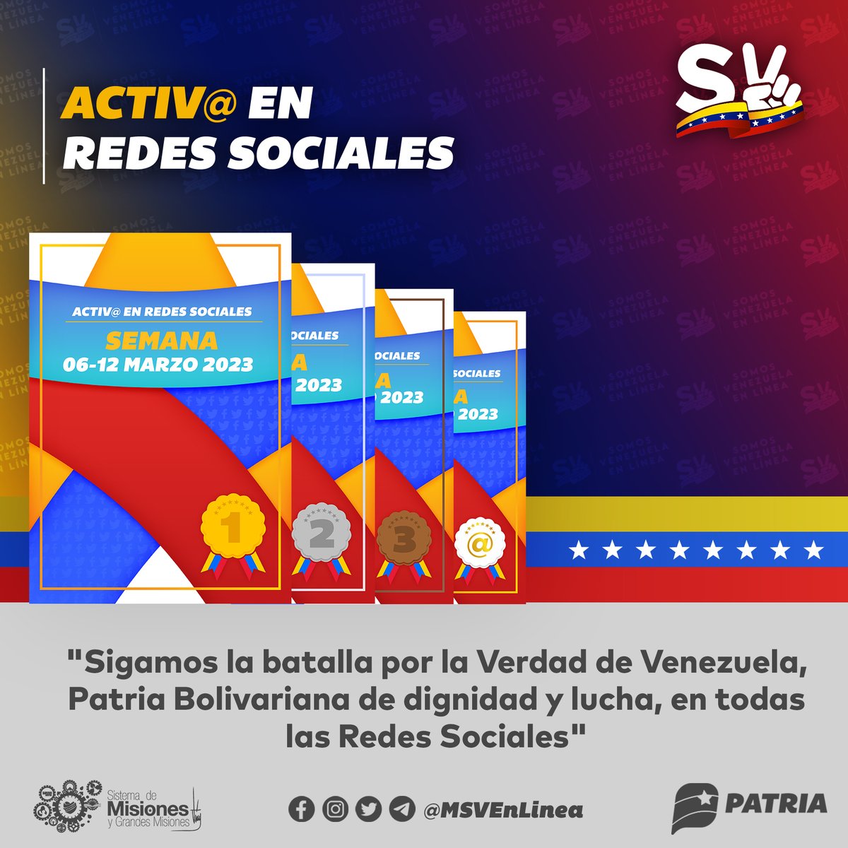 MSVEnLinea's tweet photo. 🚨 #ÚLTIMAHORA || Inicia la entrega de los logros, premios o mención a la personas que se destacaron en Redes sociales (Twitter) a través del Sistema @CarnetDLaPatria durante la semana comprendida entre el #06Mar al #12Mar 2023.

@MSVSocial #TuiteroPatria #13Mar #ChávezDelMundo https://t.co/BSpeWVe2R7