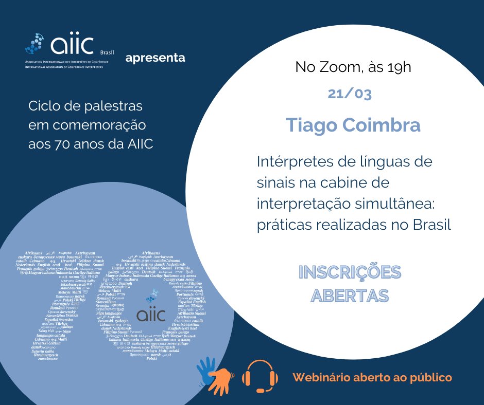 *Languages available: PT, LIBRAS, ENG, ESP*

Agora é oficial: além do português, a palestra de Tiago Coimbra será interpretada em LIBRAS, inglês e espanhol. 

Inscrições / Register: tinyurl.com/aiicbrasil

#aiic #aiic70 #SL1nt #interpreter   #simultaneoustranslation #xl8 #1nt