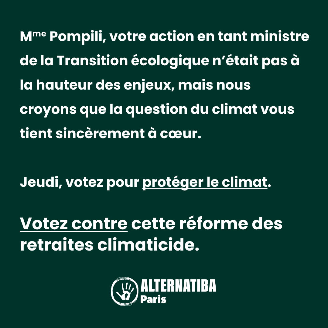 ActionJusClim75's tweet photo. Nous avons donc décidé d'interpeller publiquement 3 deputé·es dont le vote est incertain et peut faire tout basculer. Nous commençons ce soir avec l'ancienne ministre @barbarapompili , qui a exprimé publiquement ses réticences vis-à-vis de la réforme. https://t.co/0urFU0THSV