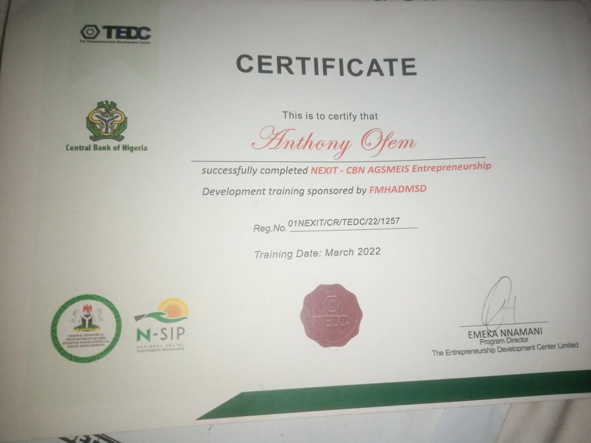 AnthonyOfem's tweet photo. @NGRPresident A soft reminder of the certificate @FMHDSD issued to #Nexit batch A &amp; B volunteers on #centralbank development training.
We are yet to hear from from the federal government since March,2022.
@Mbuhari @Osibanjo https://t.co/8VFAxJU9ax