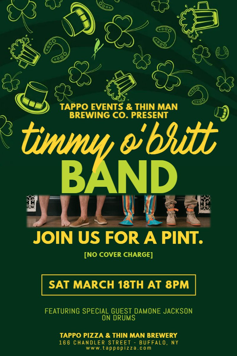 Join us for a pint. This Saturday <a href="/TappoBuffalo/">Tappo Restaurant</a> Pizza &amp; <a href="/ThinManBrewery/">ThinManBrewery</a> in Chandler! ☘️
 #livemusic #buffalony #buffalomusic #supportlocalartists #tbb #acoustic #electric #keys #piano #drums #fullband #liveband #singersongwriter #gig #buffalodrummers #buffalomusicians #liveshow