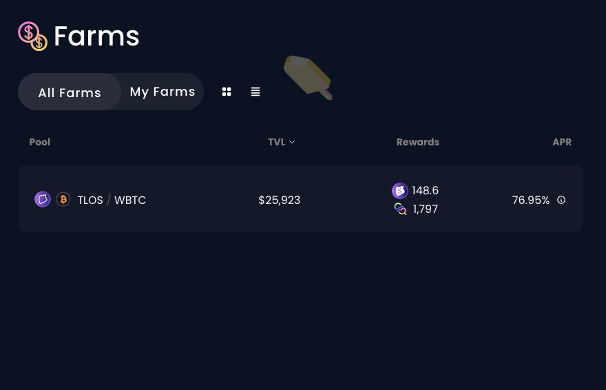 wildcard_dao's tweet photo. Today's Farm of the Day - $TLOS / $BTC
The #Bitcoin bulls are back!
Earn 77% APR paid in $sTLOS & $POPS by providing liquidity over on the @HelloTelos chain.
Stake now 👉 https://t.co/OlQWNNgaPG
#TLOS #STLOS #Crypto #APR #BTC #Telos #USDC https://t.co/fFHiBHVxQA