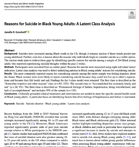***Content Warning*** Twitter friends: I recently published a study where I explored *some* of the reasons why Black young adults seriously consider suicide. The findings are both revelatory and heartbreaking. link.springer.com/article/10.100…