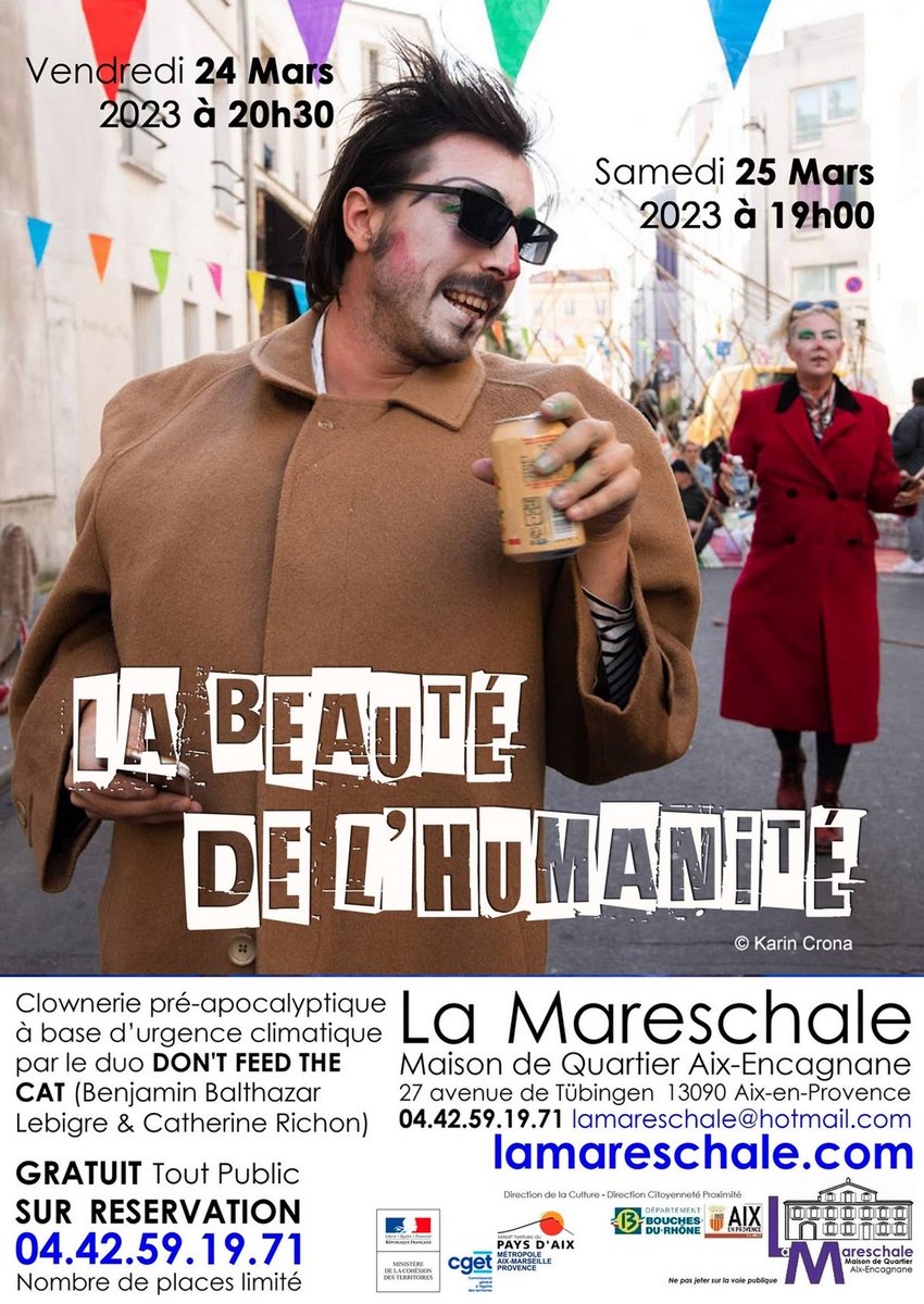 GdeTheatre's tweet photo. Les 24 et 25 mars, nous jouerons à Aix-en-Provence "La beauté de l'humanité", clownerie pré-apocalyptique à base d'urgence climatique.
https://t.co/rZ4oSXsKVS
#aixenprovence #climat #show #clown #theatre https://t.co/FWIvNlm0o4