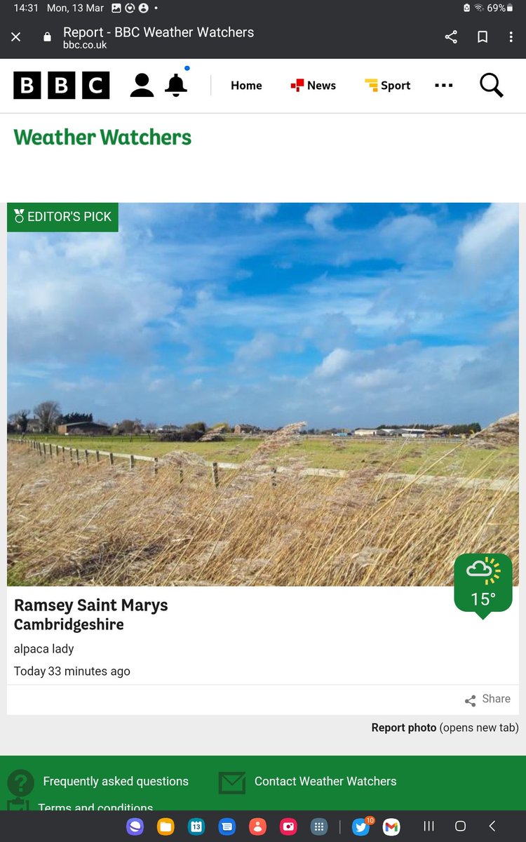 chris_alpacas's tweet photo. Delighted to get a BBC Editors Pick for my windy walk this afternoon. Thank you Julie and @bbcweather #WeatherWatcheralpacalady #thefens #flatnotboring! https://t.co/lezZ9LiJGe