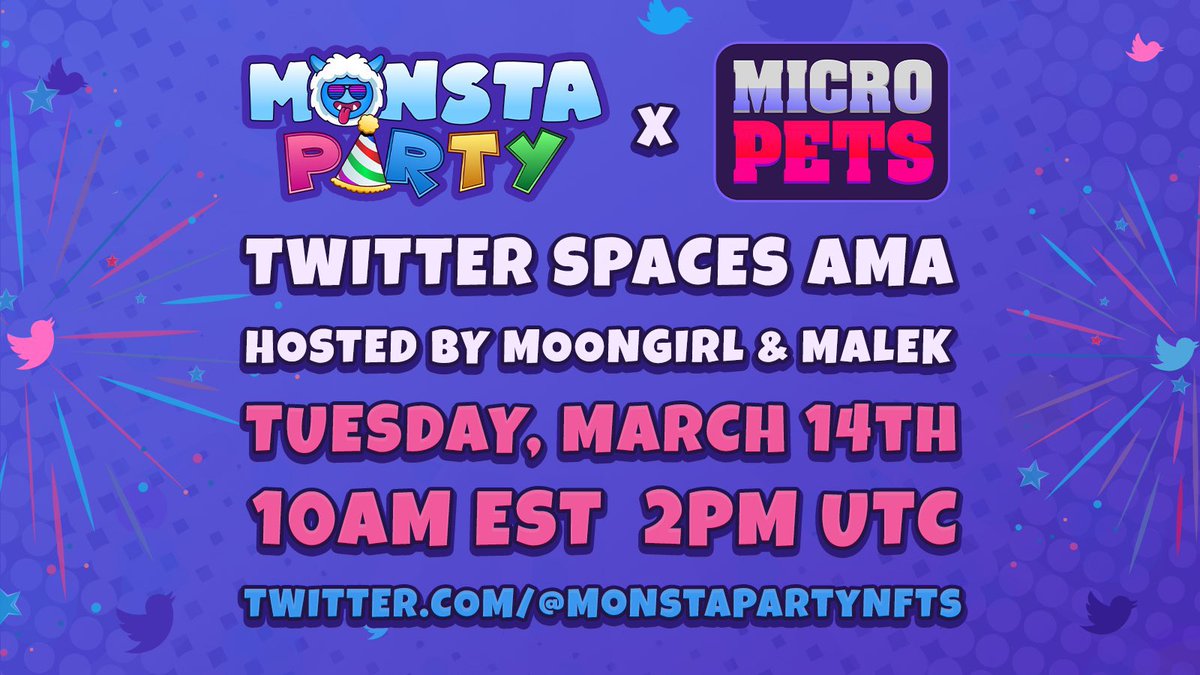 🚨#MicroPets AMA GIVEAWAY🚨

We’re so excited about our #LIVE AMA with <a href="/MonstaPartyNFTs/">Monsta Party NFTs 🎉</a> tomorrow that we’ve decided to give the their community and ours a chance to win some #MicroPetsBSC NFT.

Here’s what you’ll need to do to participate and be considered for the draw👇

✅