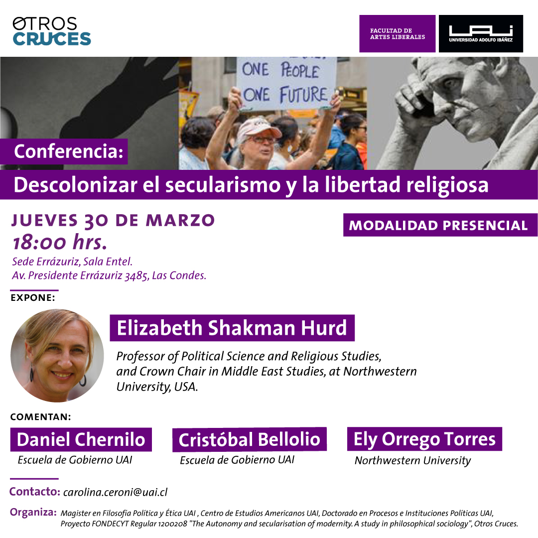 HRossello's tweet photo. el Magister en Filosofía Política y Ética de la FAL (UAI) anuncia conferencia de la destacada académica Elizabeth Shakman Hurd (Northwestern University), con comentaristas de lujo. No se lo pierdan! @dpip_uai @elyorrego @cbellolio @nicodarat @ArtesLiberalUAI @eshurd https://t.co/Kdbpxor0XC