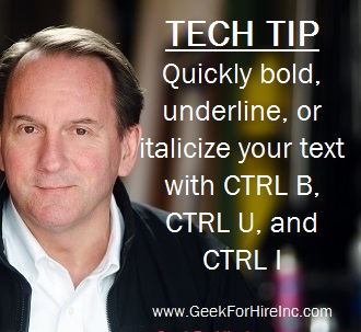 GeekForHireInc's tweet image. #TechTip Quickly bold, underline, or italicize your text with CTRL B, U, and I
#KeyboardShortcuts #MacRepair #PCRepair #GeekForHire