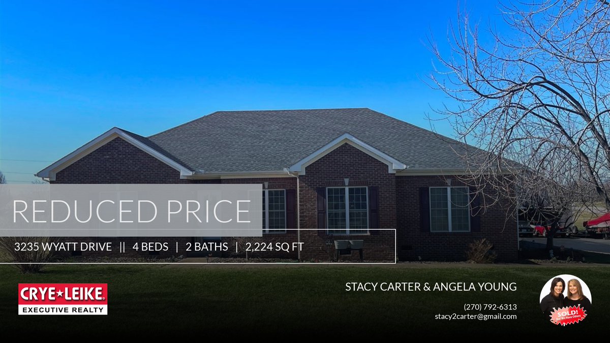 📍 Reduced Price 📍 This recently reduced home at 3235 Wyatt Drive in Bowling Green won't last long, so, don't wait to set up a showing! Reach out here or at (270) 792-6313 for more information!

⎼
Stacy Carter &amp; Angela Young
C... homeforsale.at/3235_WYATT_DRI…