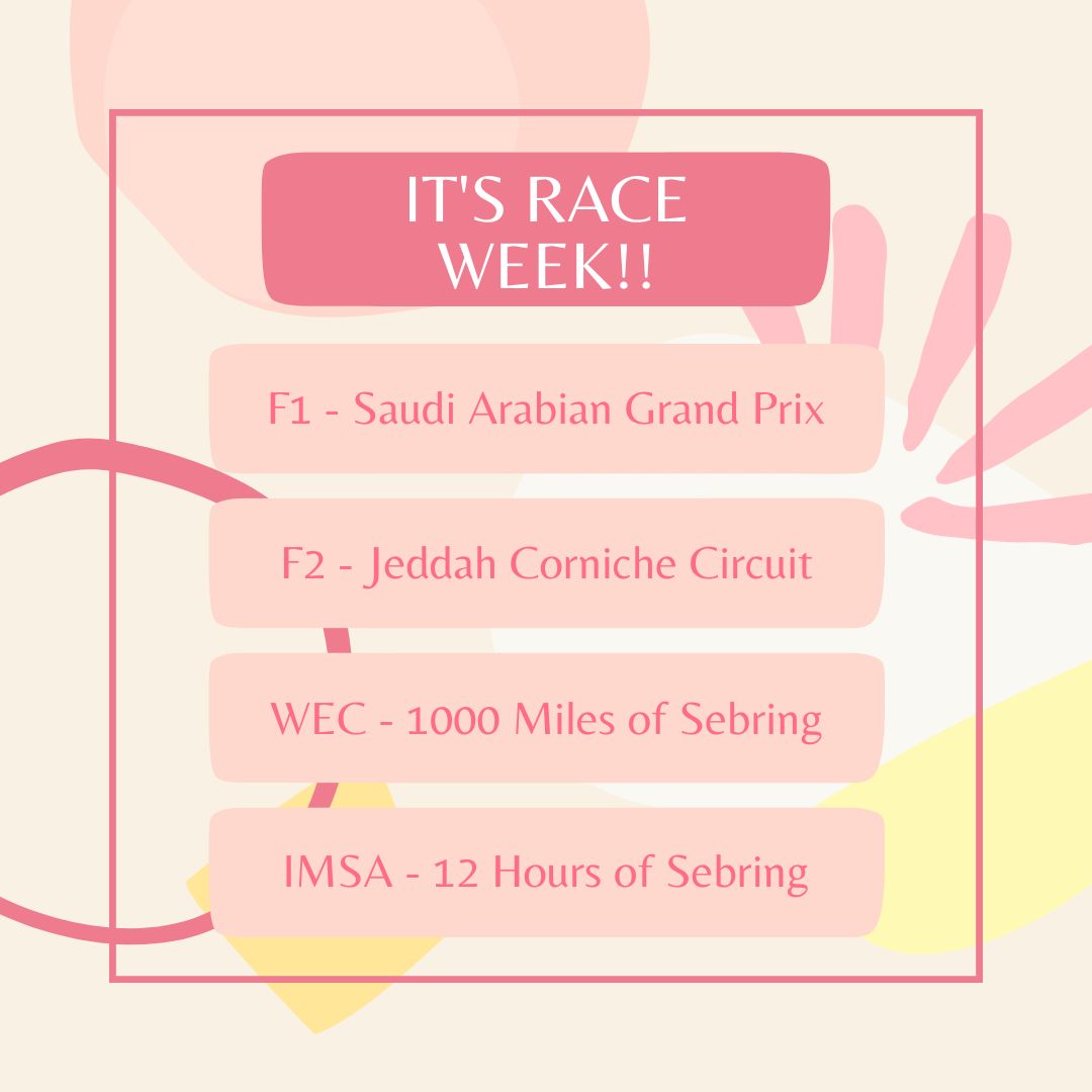 A good line-up of action this race week!

Which racing series is everyone looking forward to the most??

#F1 #Formula1 #SaudiArabianGP #F2 #Formula2 #WEC #WorldEnduranceChampionship #IMSA